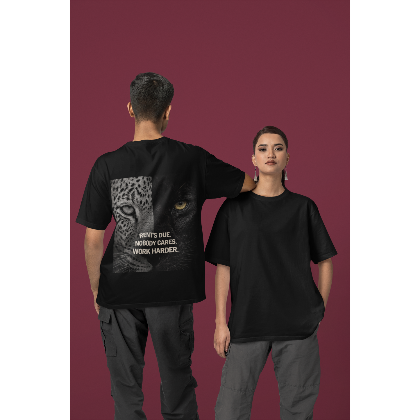 Unisex Rent’s Due black t-shirt shown on male and female models, featuring clean black front and bold leopard panther back graphic with motivational discipline quote, dark luxury streetwear tee