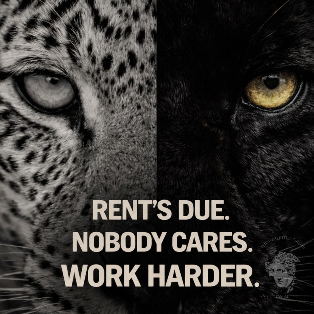 Split leopard and panther animal portrait artwork with text “Rent’s Due. Nobody Cares. Work Harder.” symbolizing discipline pressure and survival mindset