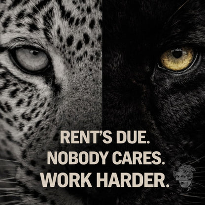 Split leopard and panther animal portrait artwork with text “Rent’s Due. Nobody Cares. Work Harder.” symbolizing discipline pressure and survival mindset