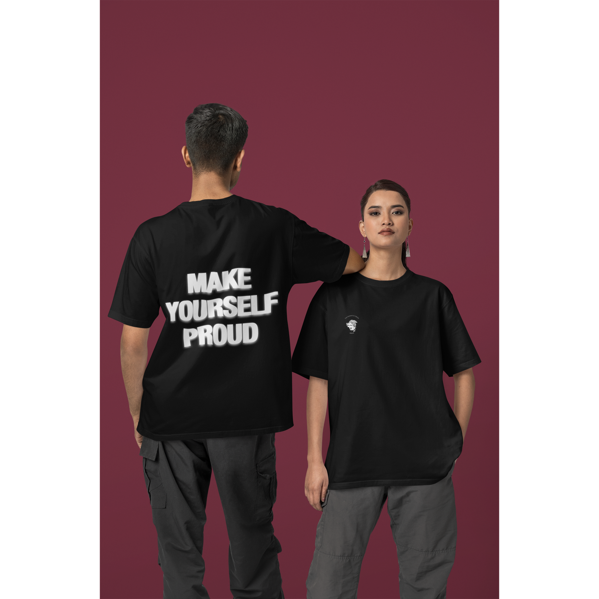 front and Back view of black graphic t-shirt with bold statement text
