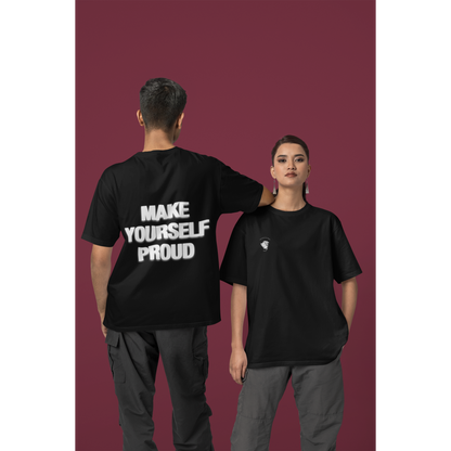 front and Back view of black graphic t-shirt with bold statement text
