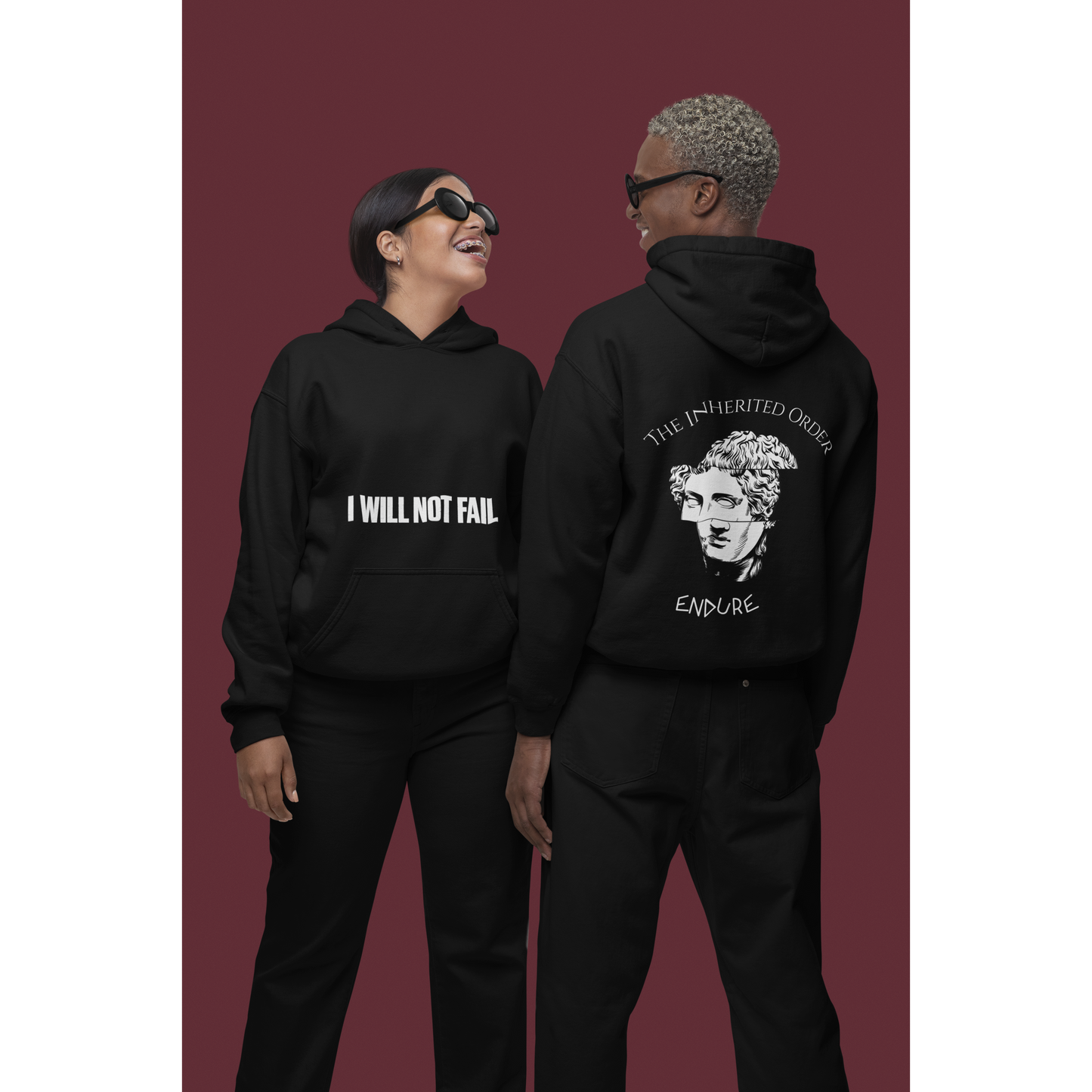 I Will Not Fail Endure Classical Statue Front & Back Graphic Hoodie – Dark Luxury Statement Hoodie