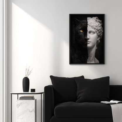 Black panther classical statue artwork displayed in modern living room, luxury symbolic animal wall decor for contemporary interiors