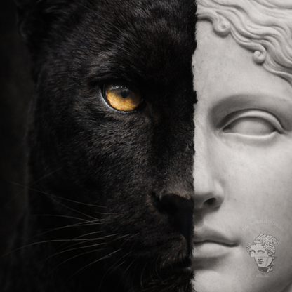 Close-up of black panther eye blended with classical marble statue face, symbolic animal and classical art fusion wall artwork detail