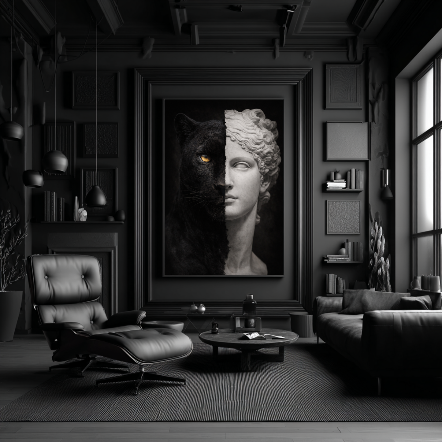 Black panther classical statue artwork displayed in dark luxury interior, modern symbolic animal wall art with classical sculpture influence