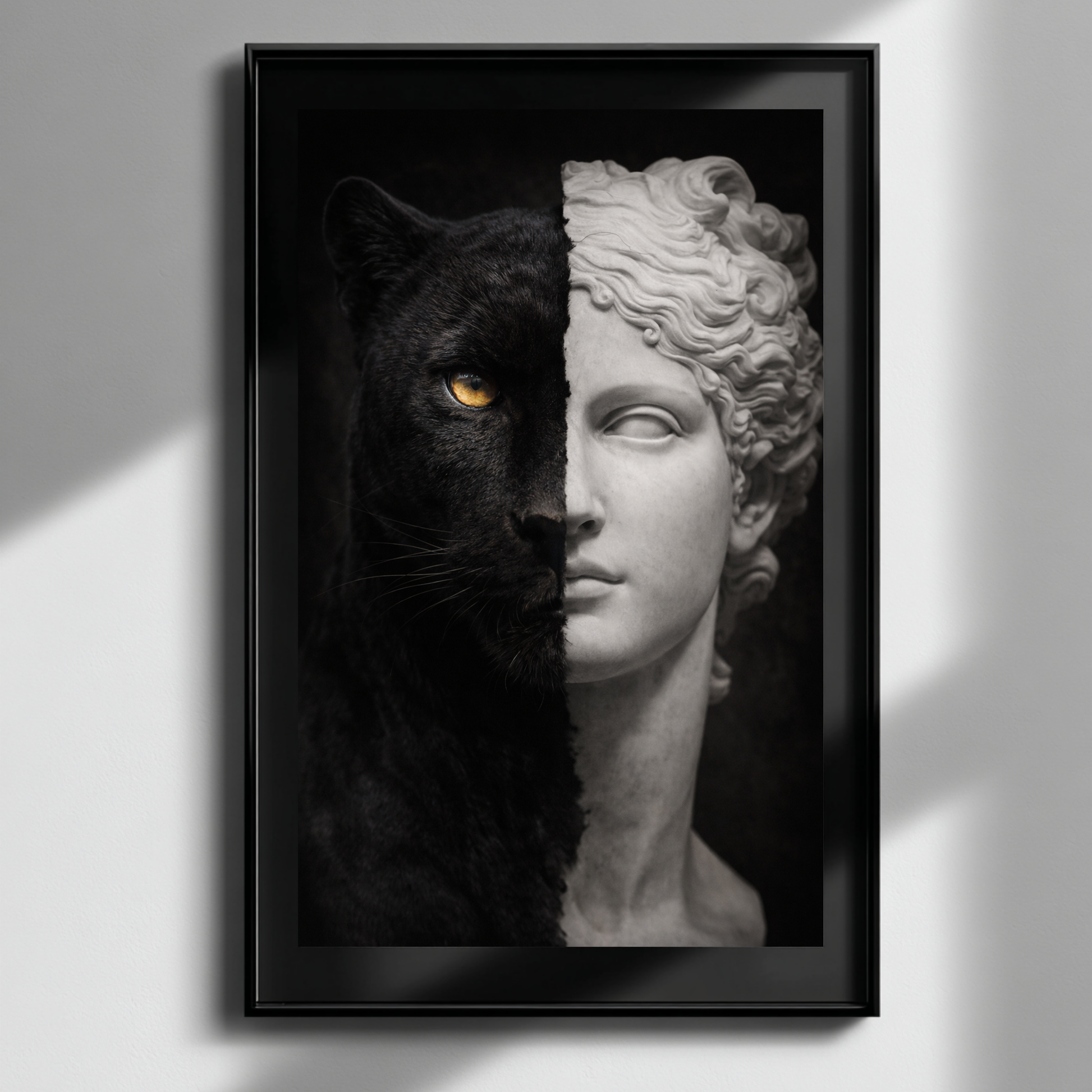Black panther classical statue poster artwork, vertical symbolic animal wall art combining panther portrait and classical sculpture