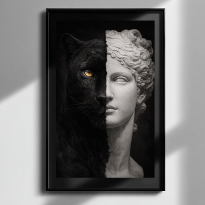 Black panther classical statue poster artwork, vertical symbolic animal wall art combining panther portrait and classical sculpture