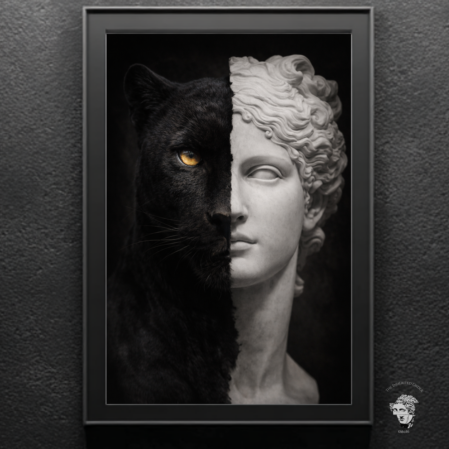 Black panther classical statue wall art in black frame, symbolic animal artwork combining modern fine art and classical sculpture