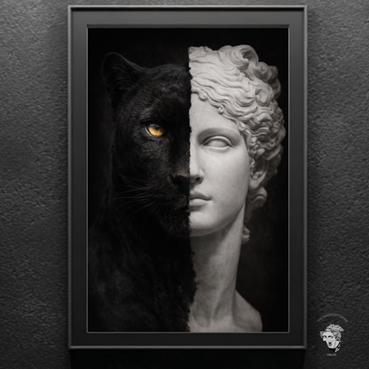 Black panther classical statue wall art in black frame, symbolic animal artwork combining modern fine art and classical sculpture