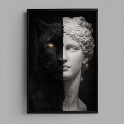 Black panther and classical marble statue split portrait wall art on white wall, luxury symbolic animal decor for modern homes