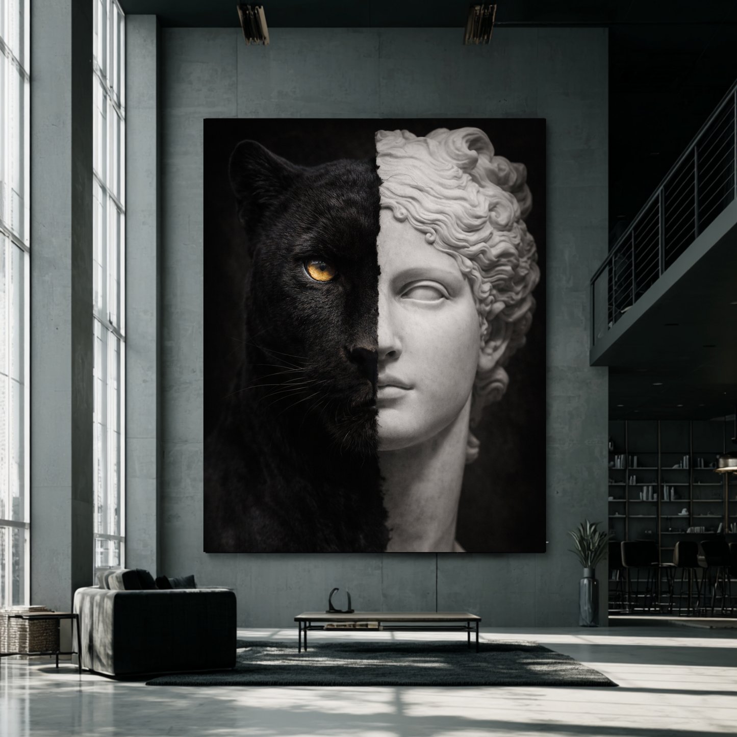 Large black panther classical statue wall art used as statement decor in modern interior space, symbolic animal and classical art fusion