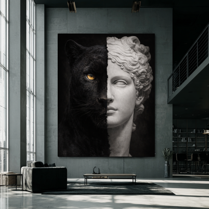 Large black panther classical statue wall art used as statement decor in modern interior space, symbolic animal and classical art fusion