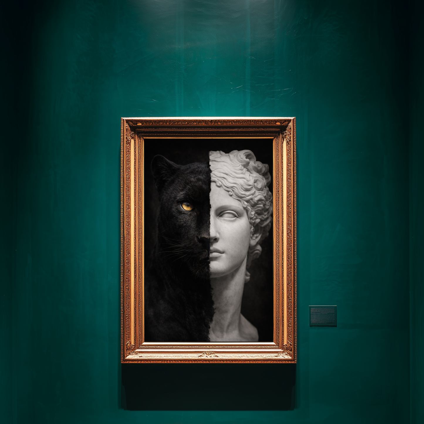Black panther and classical sculpture split portrait artwork displayed in gallery setting, luxury symbolic animal art with classical statue imagery