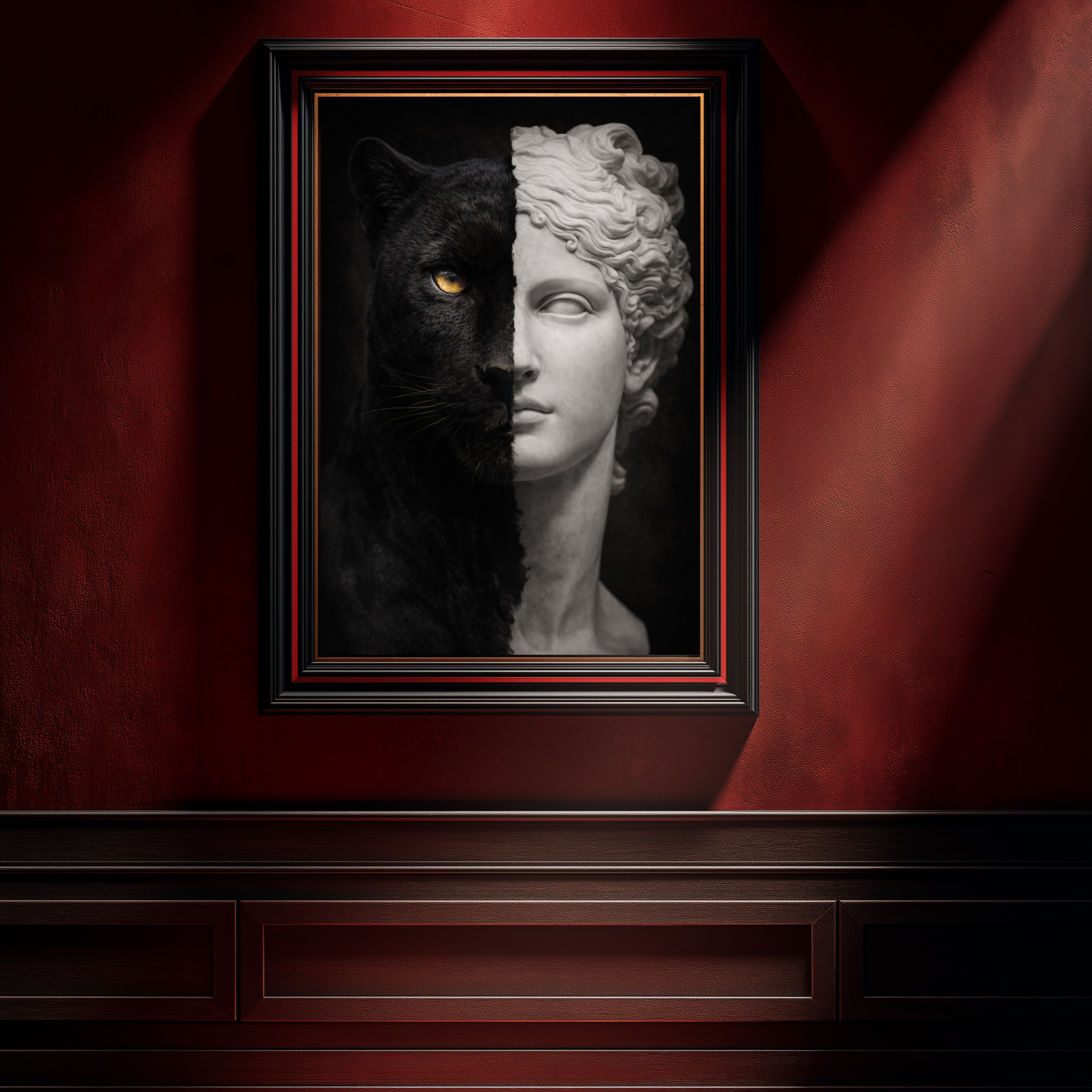Black panther classical statue artwork framed on deep burgundy wall, luxury symbolic animal wall decor for dramatic modern interiors