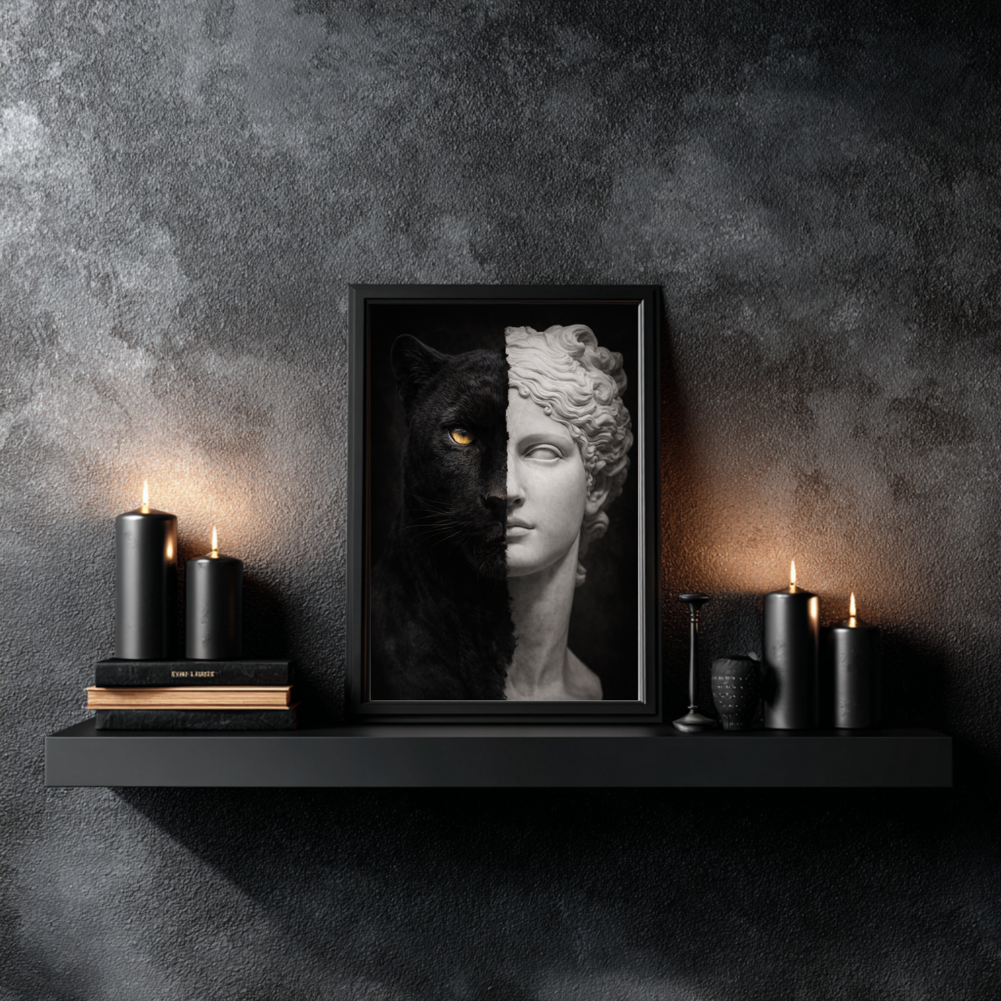 Black panther and classical marble statue split portrait wall art displayed on dark luxury shelf decor, symbolic animal artwork for modern gothic interiors
