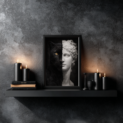Black panther and classical marble statue split portrait wall art displayed on dark luxury shelf decor, symbolic animal artwork for modern gothic interiors