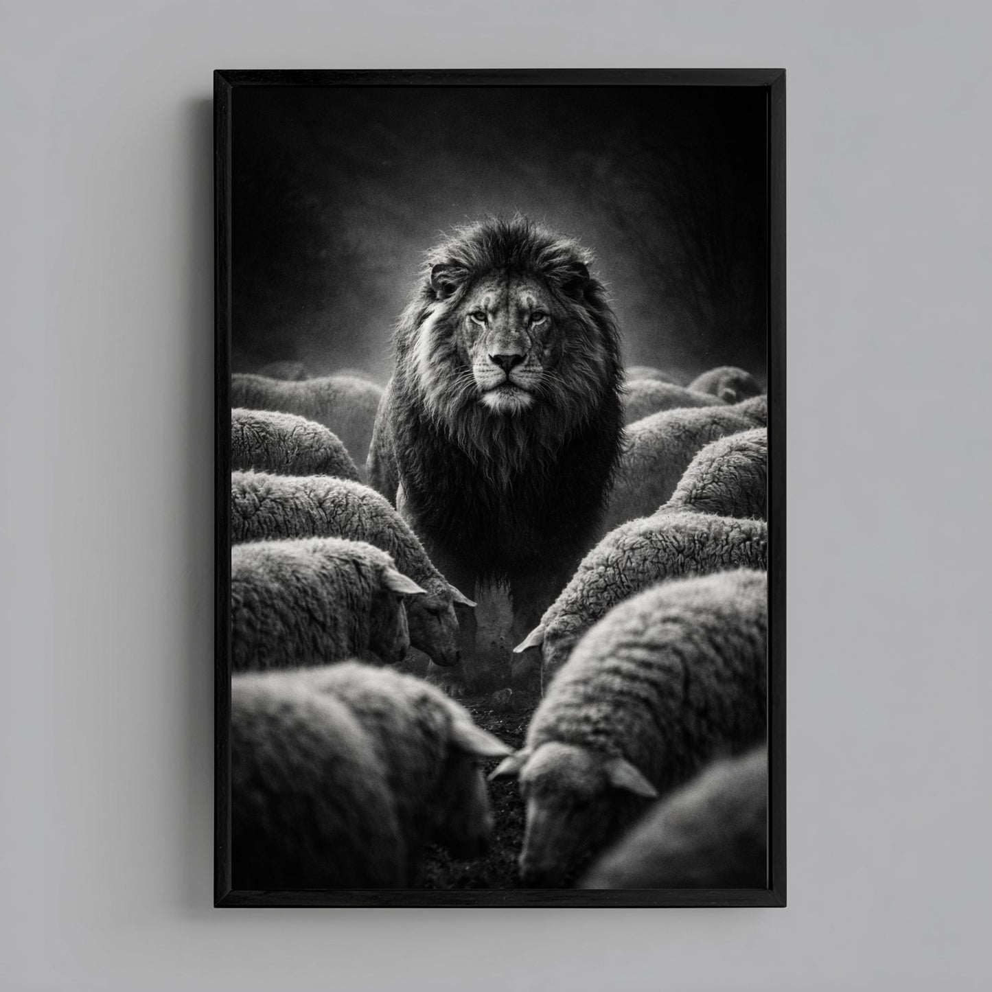 Black and white lion among sheep wall art framed as statement animal artwork symbolizing leadership strength and independence in modern interior decor