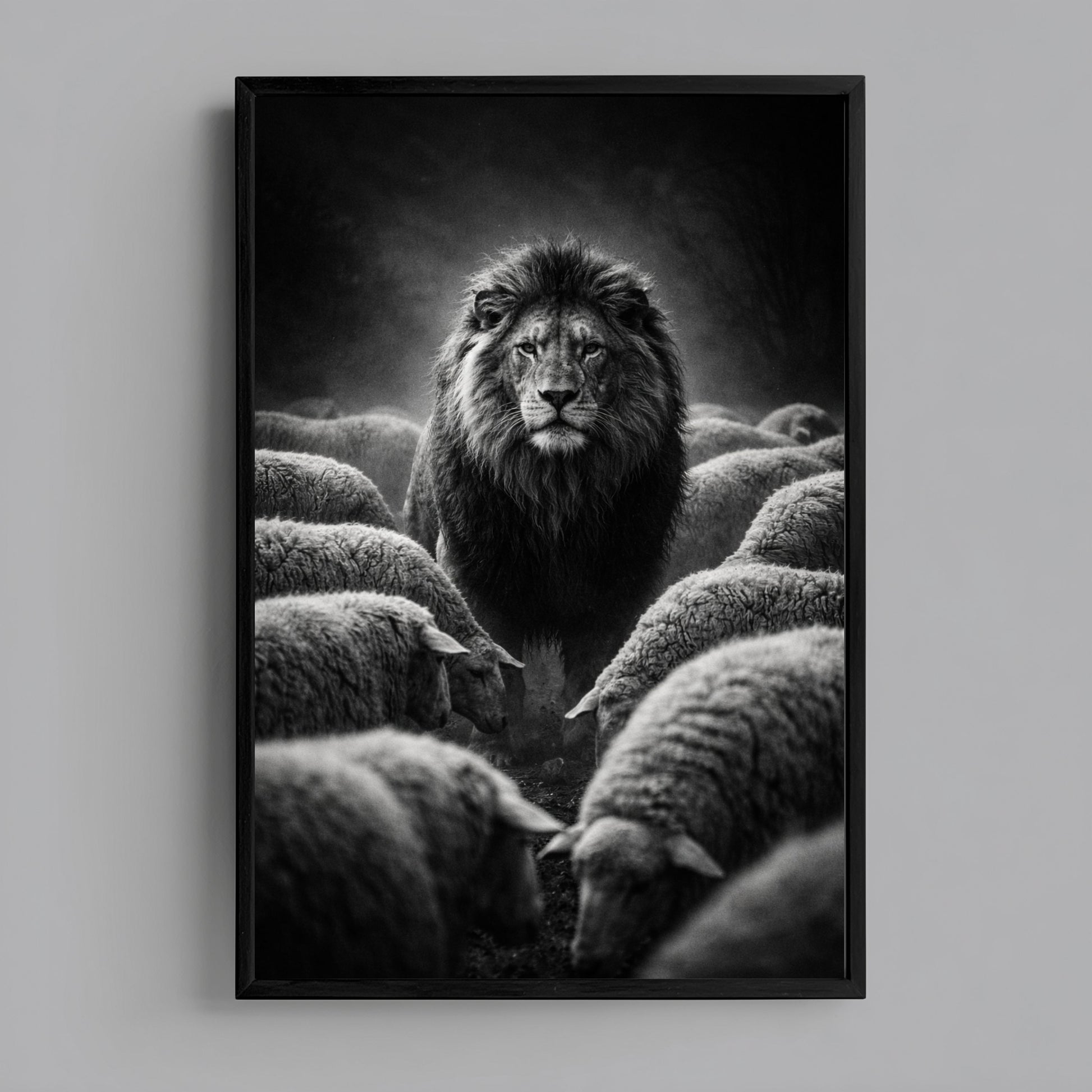 Black and white lion among sheep wall art framed as statement animal artwork symbolizing leadership strength and independence in modern interior decor