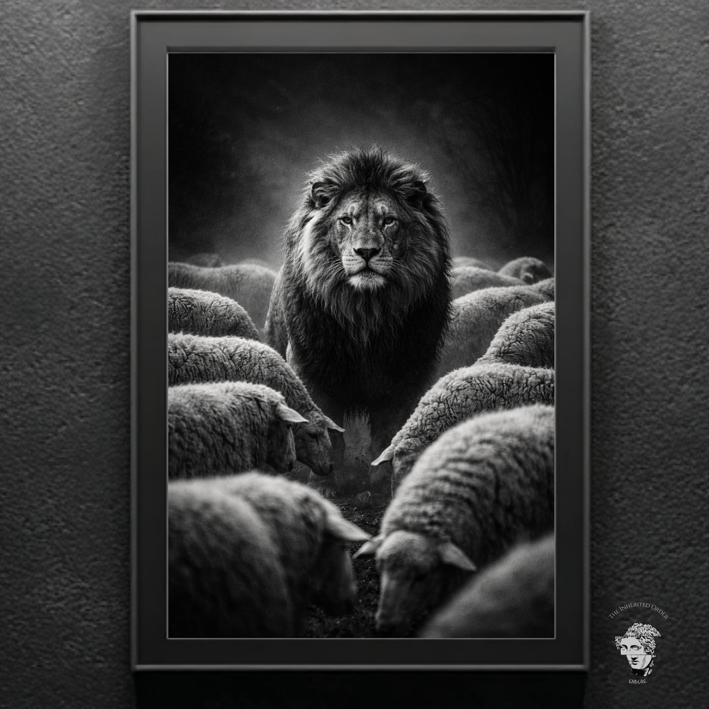 Monochrome lion among sheep wall art in black frame displayed as bold leadership symbolism art for office gym or masculine interior design