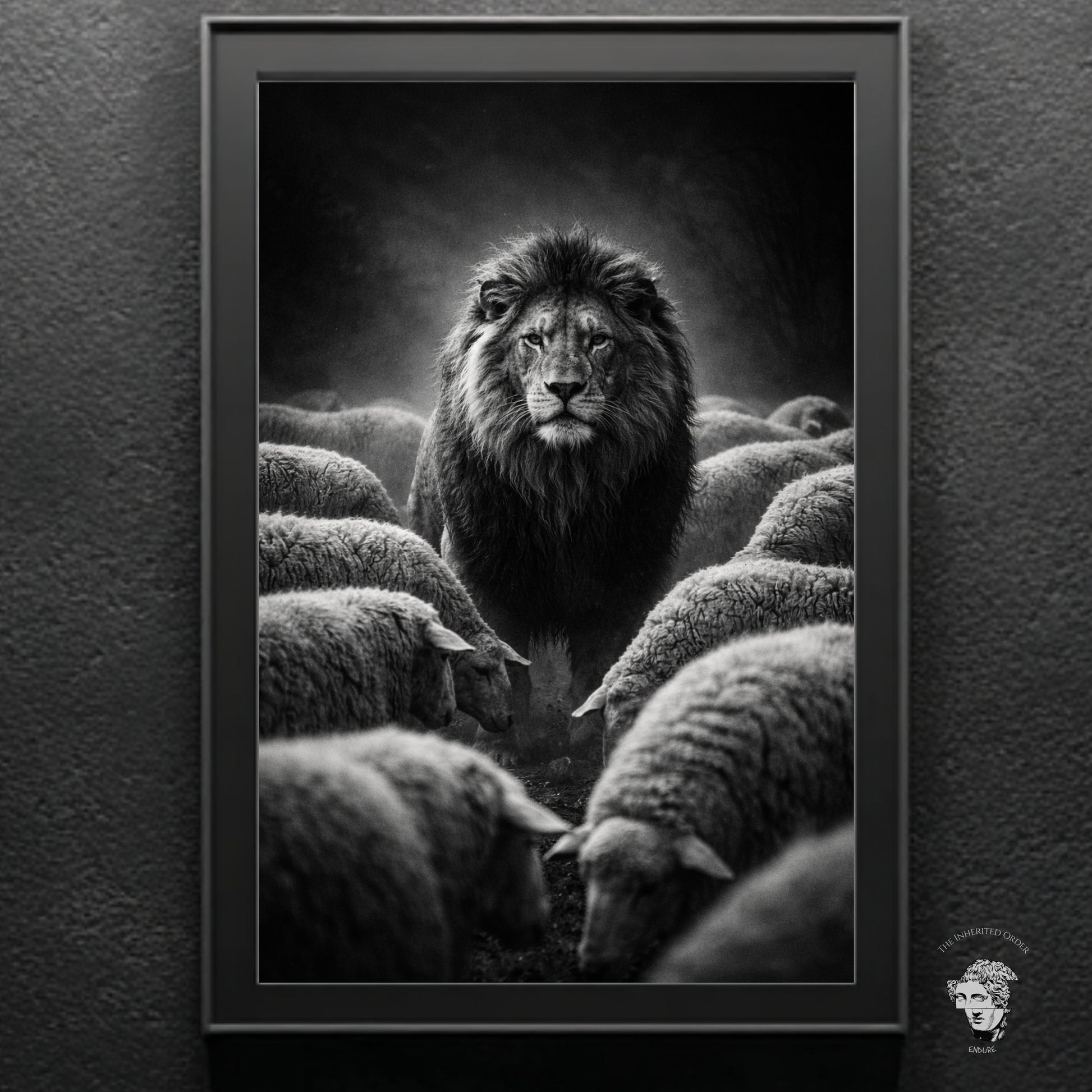 Monochrome lion among sheep wall art in black frame displayed as bold leadership symbolism art for office gym or masculine interior design