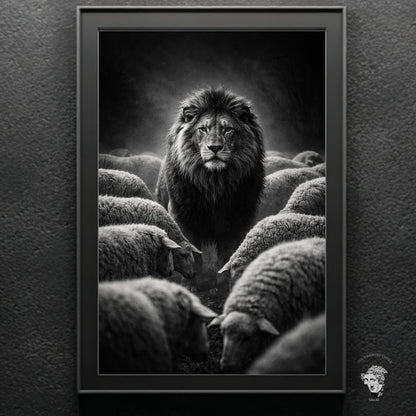 Monochrome lion among sheep wall art in black frame displayed as bold leadership symbolism art for office gym or masculine interior design
