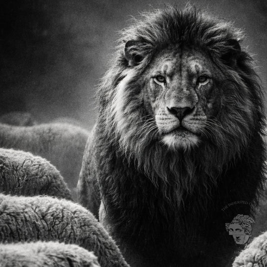 Close-up black and white lion portrait among sheep showcasing intense gaze leadership symbolism and high contrast fine art photography