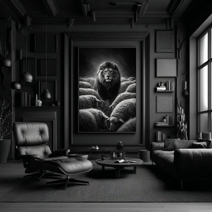 Large monochrome lion among sheep wall art in dark modern studio interior used as bold motivational leadership statement decor