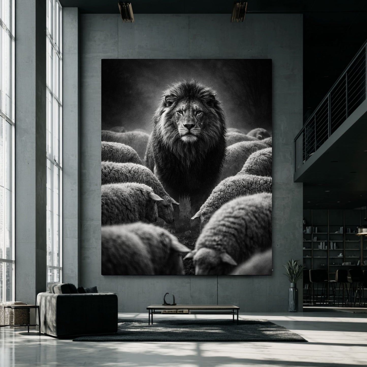 Statement lion among sheep wall art in modern industrial interior highlighting dominance independence and leadership animal symbolism