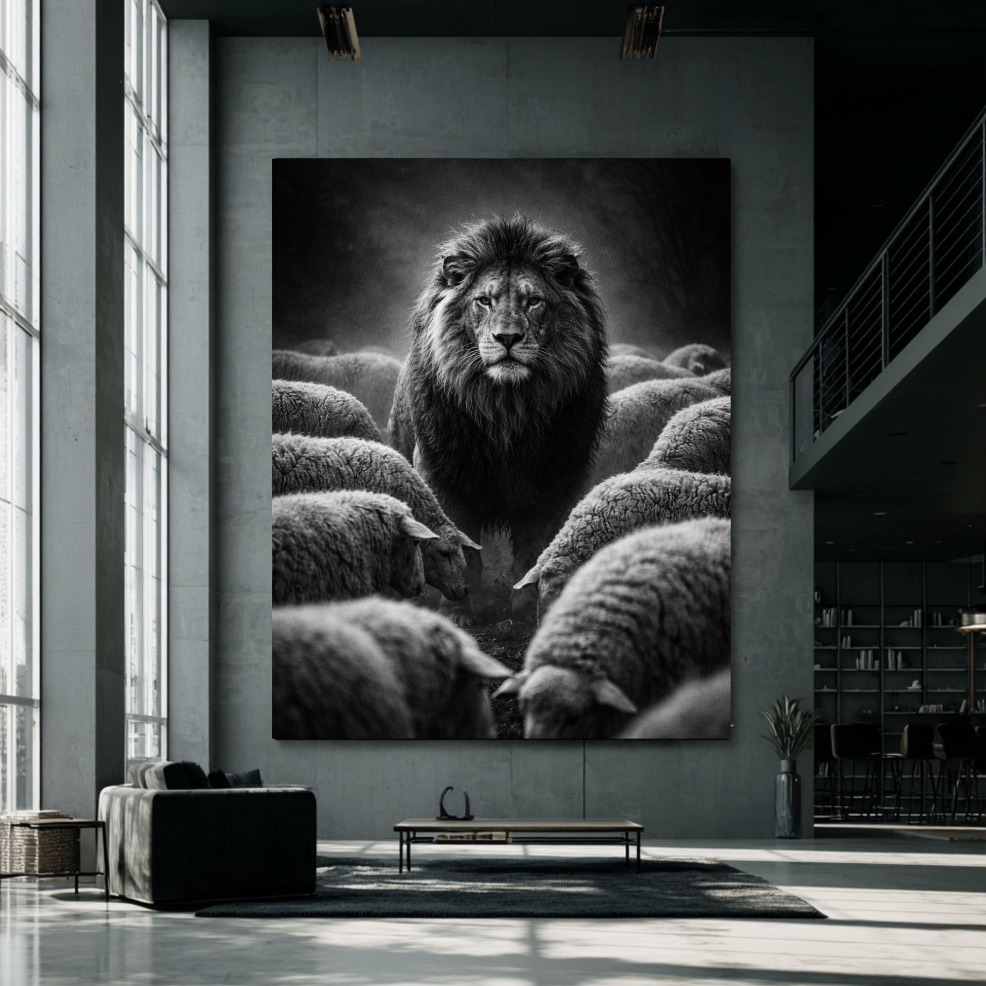 Statement lion among sheep wall art in modern industrial interior highlighting dominance independence and leadership animal symbolism