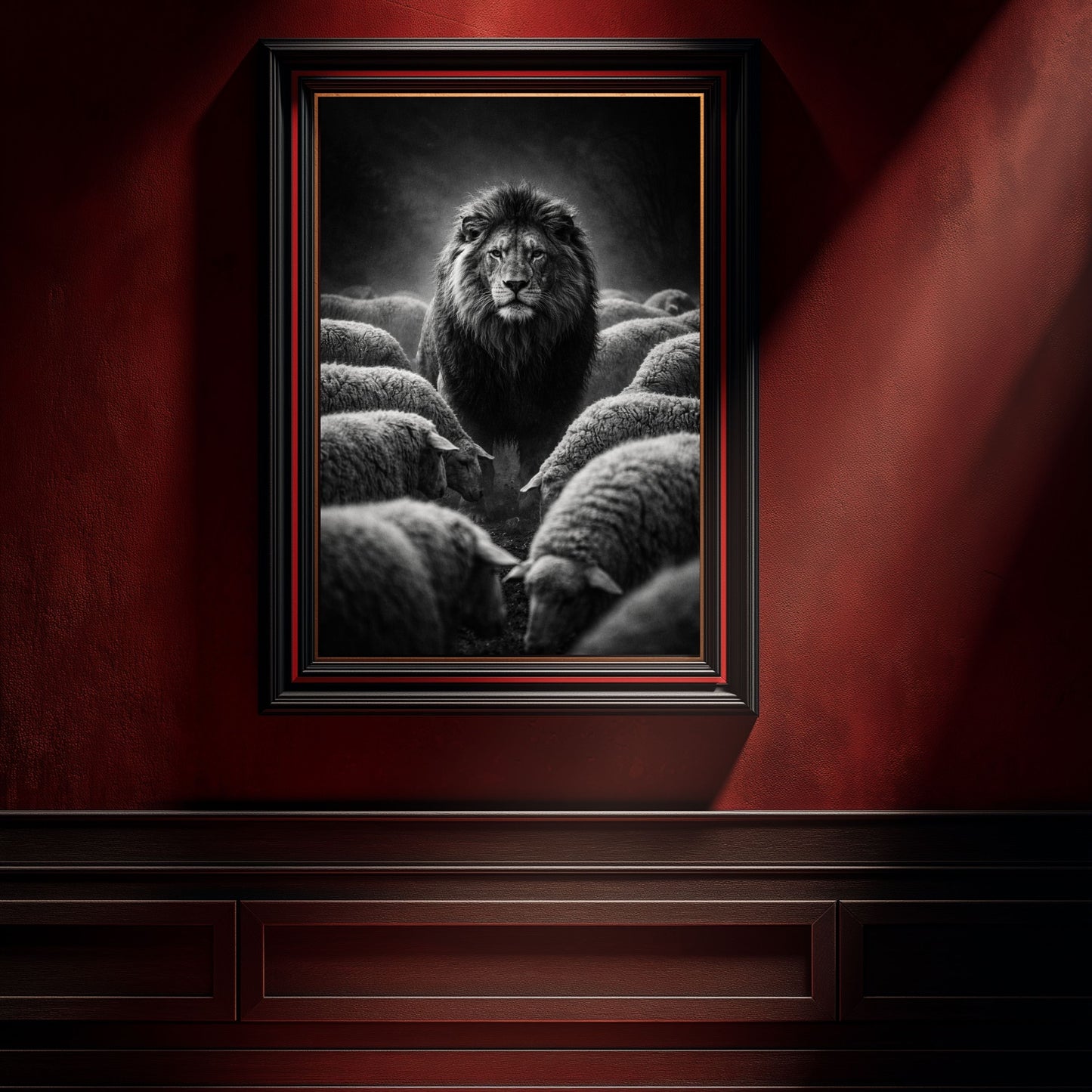 Black and white lion among sheep wall art framed against dark red wall creating dramatic leadership focused animal statement decor
