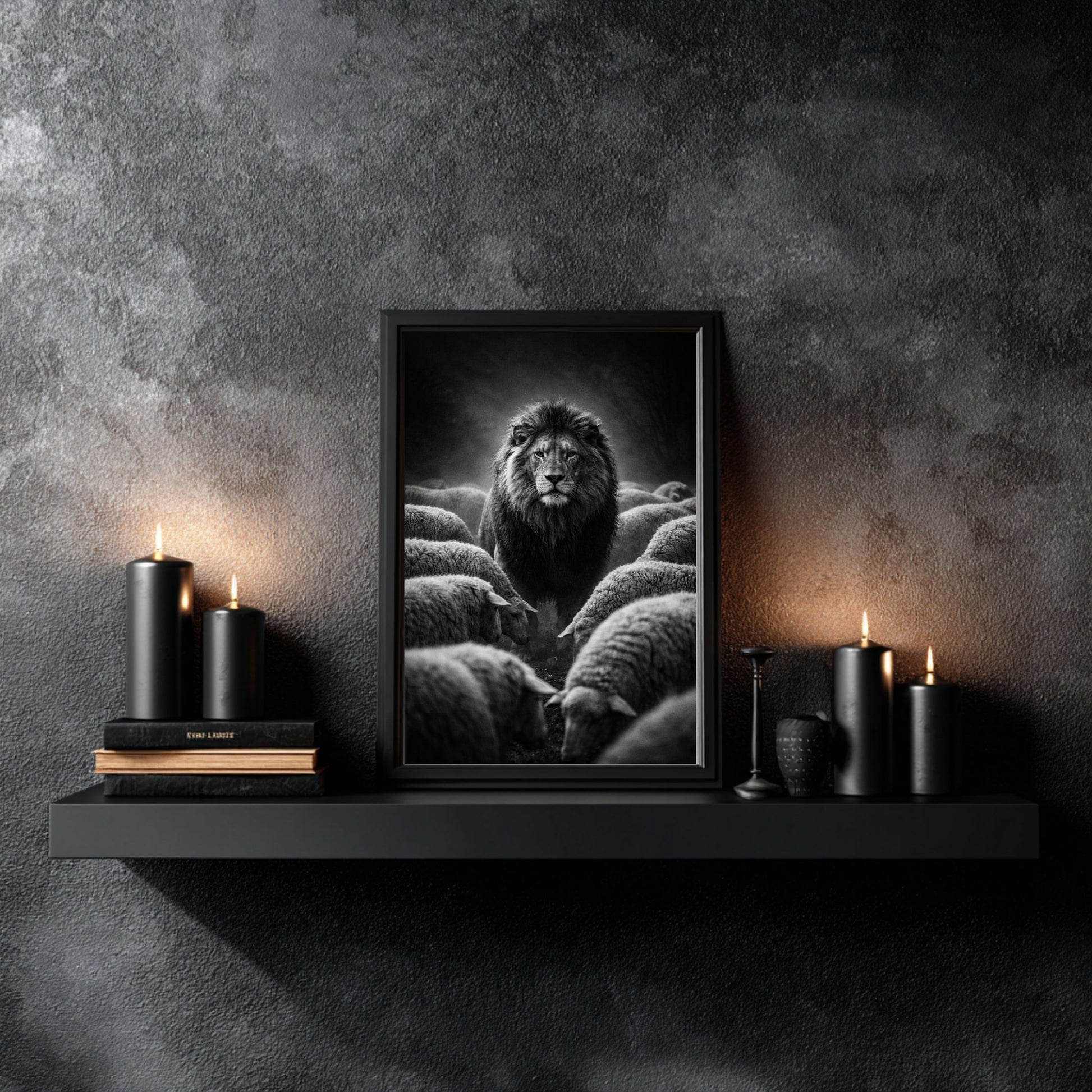 Monochrome lion among sheep wall art styled on shelf with candles as minimalist motivational animal artwork for contemporary interiors