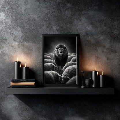 Monochrome lion among sheep wall art styled on shelf with candles as minimalist motivational animal artwork for contemporary interiors