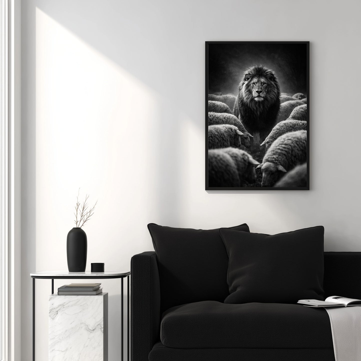 Black and white lion among sheep wall art above modern sofa representing leadership strength courage and standing apart symbolism