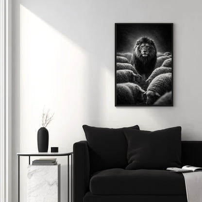 Black and white lion among sheep wall art above modern sofa representing leadership strength courage and standing apart symbolism