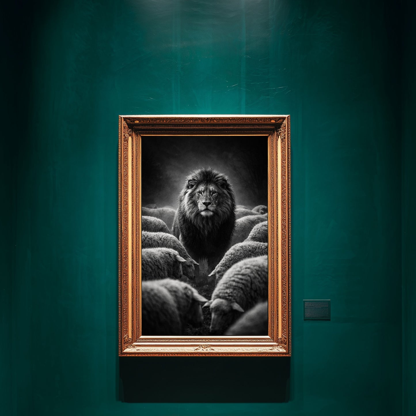 Lion among sheep black and white artwork displayed in gallery style frame emphasizing power leadership and dominance animal symbolism