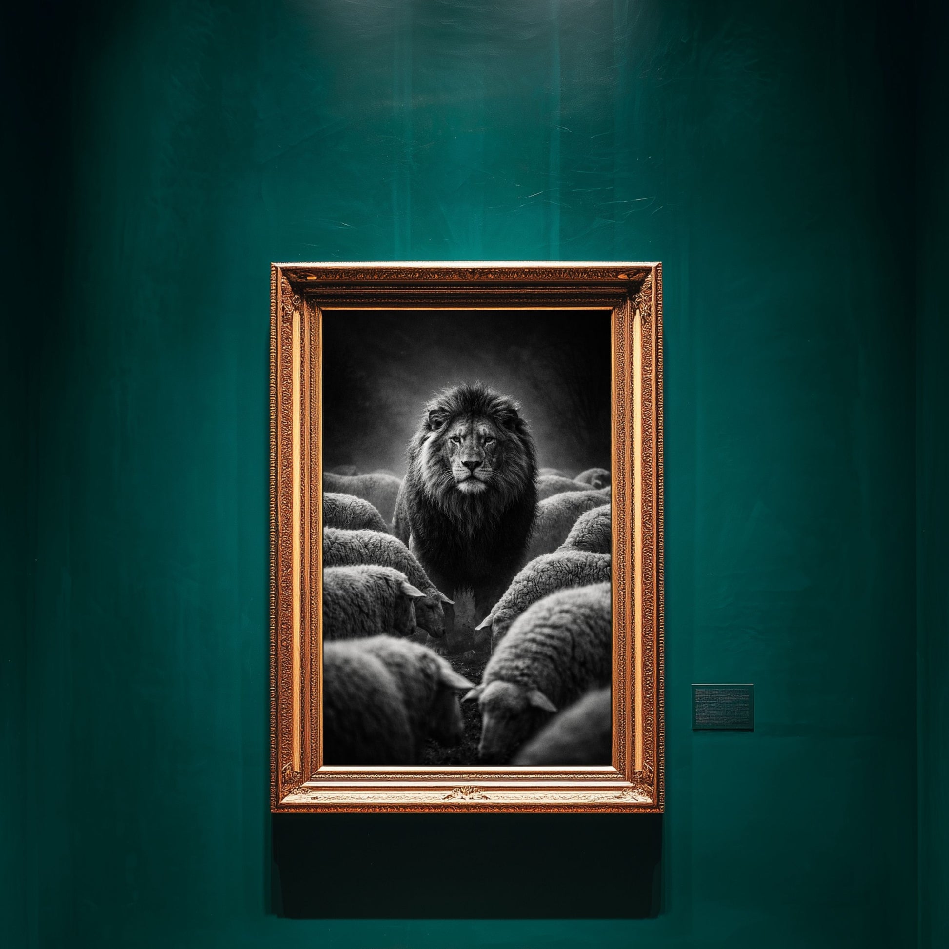 Lion among sheep black and white artwork displayed in gallery style frame emphasizing power leadership and dominance animal symbolism