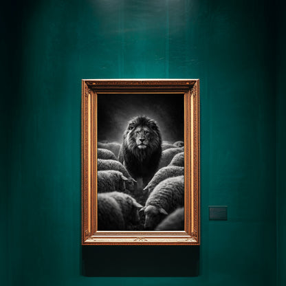 Lion among sheep black and white artwork displayed in gallery style frame emphasizing power leadership and dominance animal symbolism