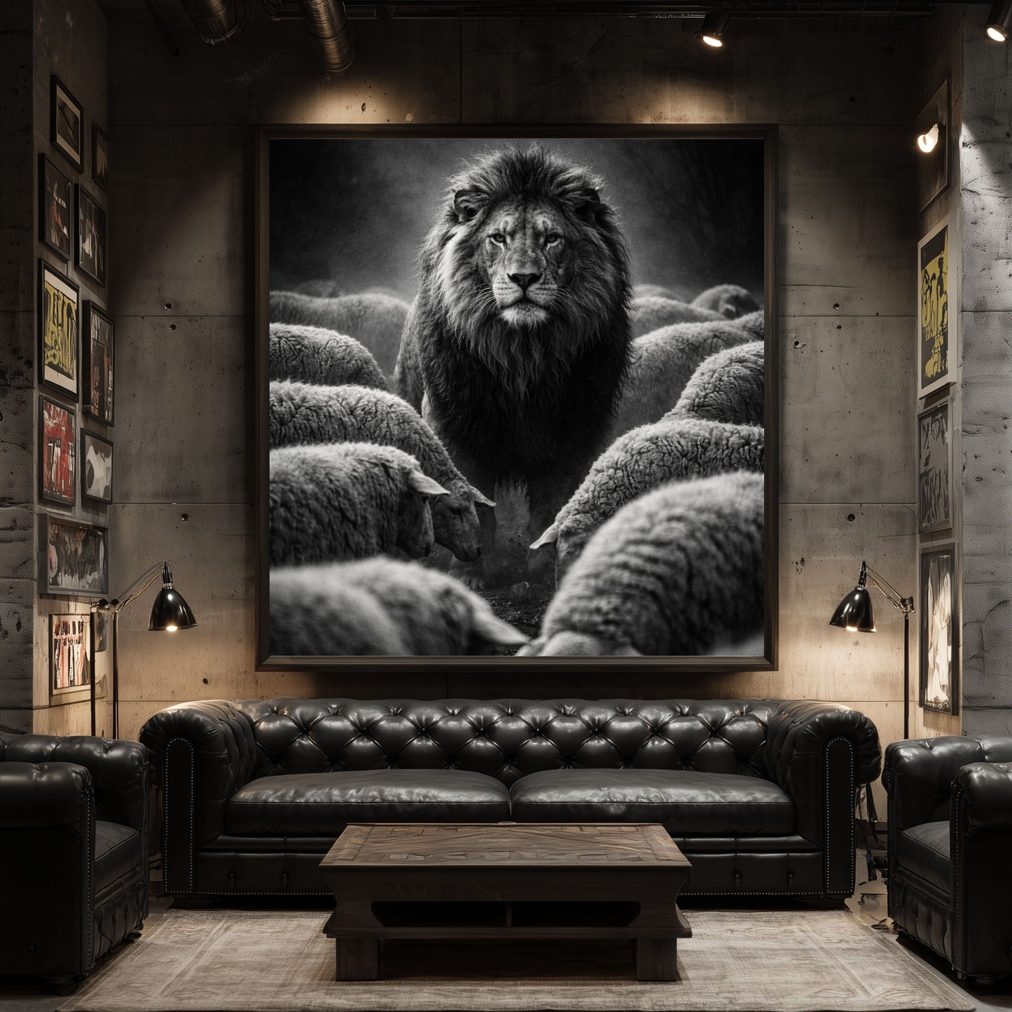Large black and white lion among sheep wall art displayed in modern luxury living room as powerful statement decor and motivational artwork