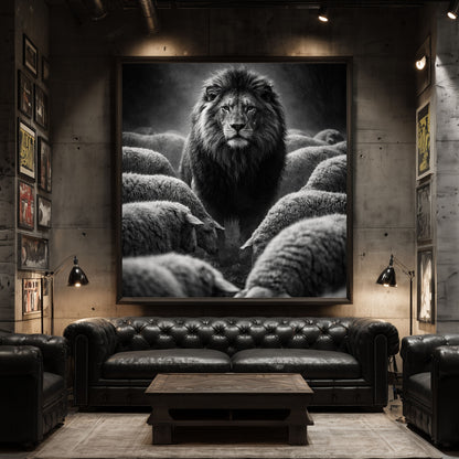 Large black and white lion among sheep wall art displayed in modern luxury living room as powerful statement decor and motivational artwork