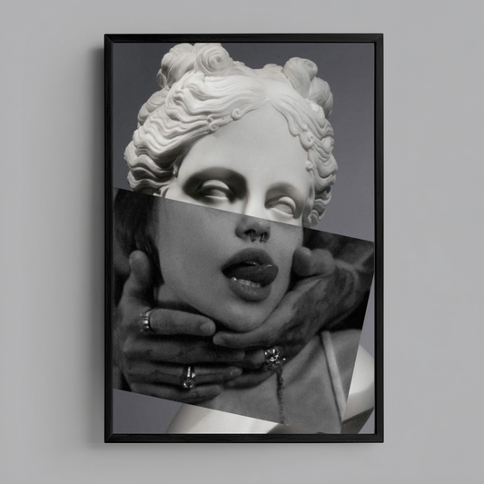 Surreal classical portrait wall art print centered on grey wall product mockup, modern statue collage black and white statement decor