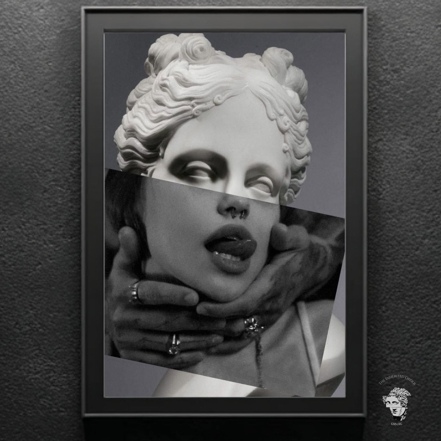 Modern statue collage artwork framed on dark textured wall, black and white classical portrait statement wall art