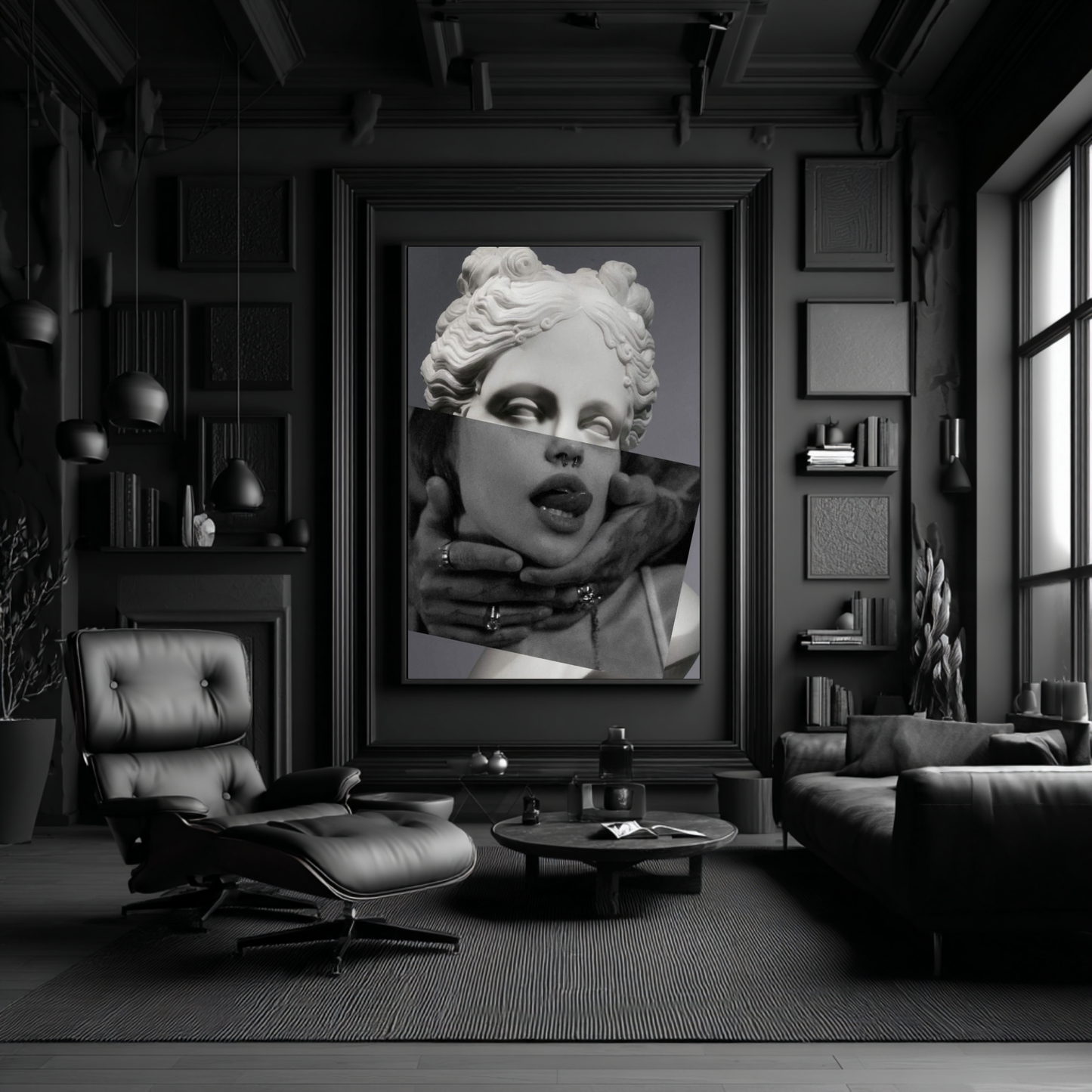 Classical sculpture collage wall art in moody black luxury living room, editorial black and white portrait modern statement decor