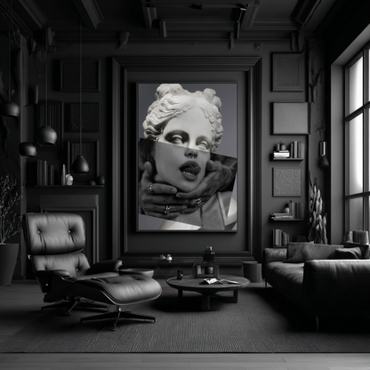 Classical sculpture collage wall art in moody black luxury living room, editorial black and white portrait modern statement decor