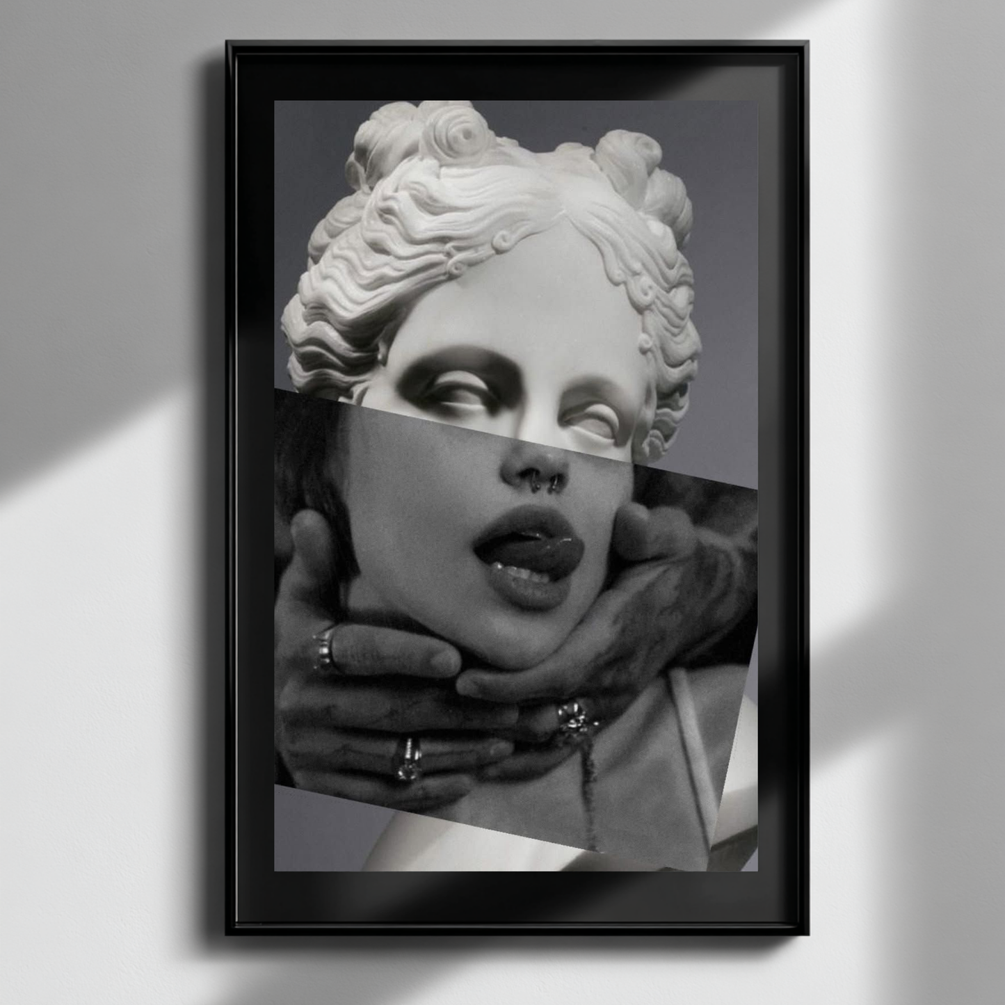 Black and white surreal classical portrait wall art framed on minimal white wall, contemporary statue collage decor