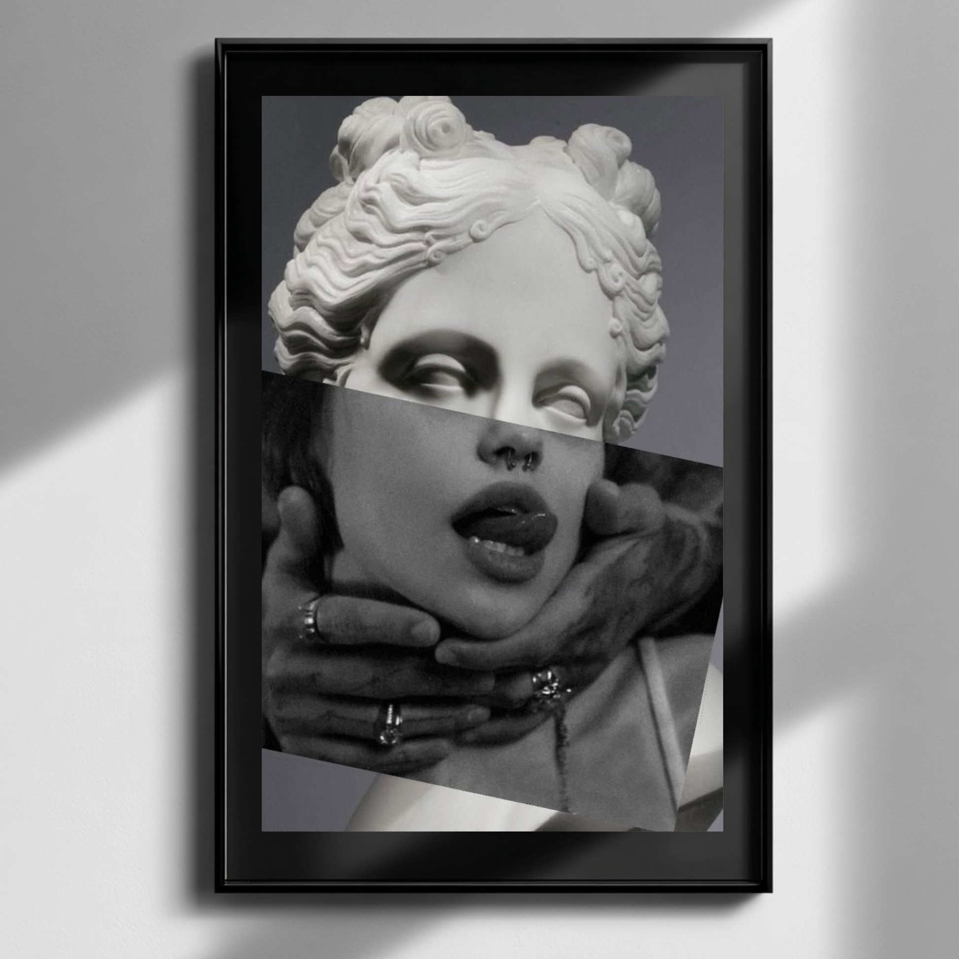 Black and white surreal classical portrait wall art framed on minimal white wall, contemporary statue collage decor