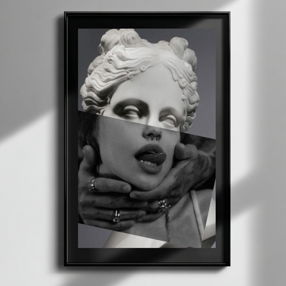 Black and white surreal classical portrait wall art framed on minimal white wall, contemporary statue collage decor