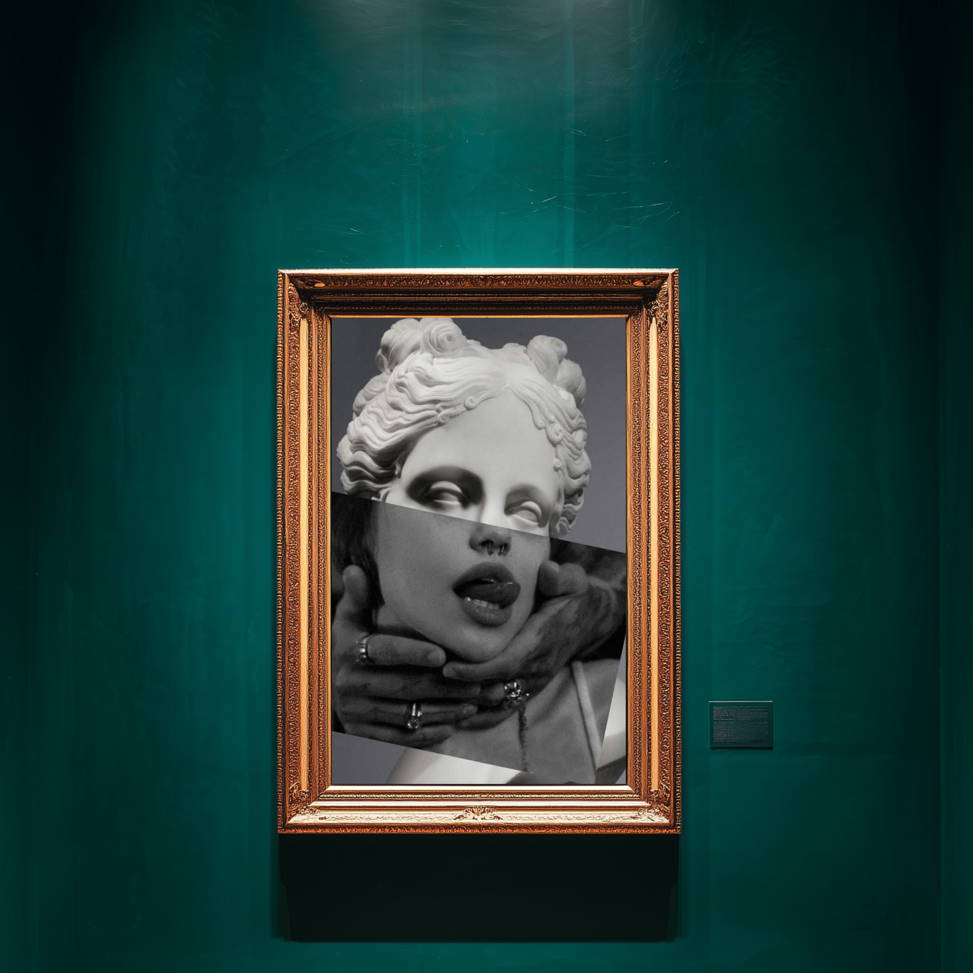 Surreal classical portrait wall art displayed in emerald green luxury gallery room, modern statue collage artwork black and white female portrait statement decor