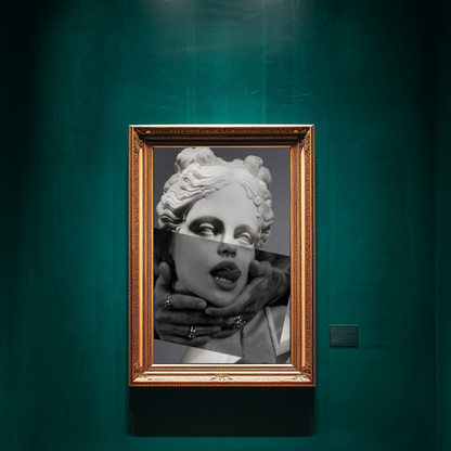 Surreal classical portrait wall art displayed in emerald green luxury gallery room, modern statue collage artwork black and white female portrait statement decor