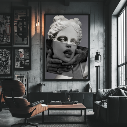 Large surreal classical portrait wall art on oversized concrete loft wall, modern marble sculpture collage statement artwork