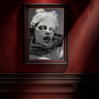 Modern statue collage wall art on dramatic red interior wall, surreal classical sculpture portrait black and white statement artwork